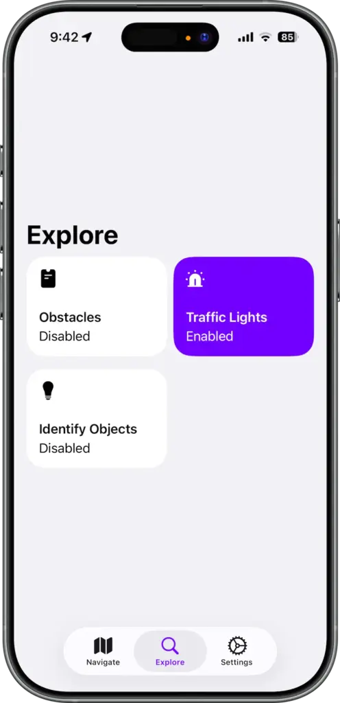 On a phone Orinav's Explore page, which shows features of "Obstacles," "Traffic Lights," and "Identify Objects." "Traffic Lights" is enabled and highlighted in purple.
