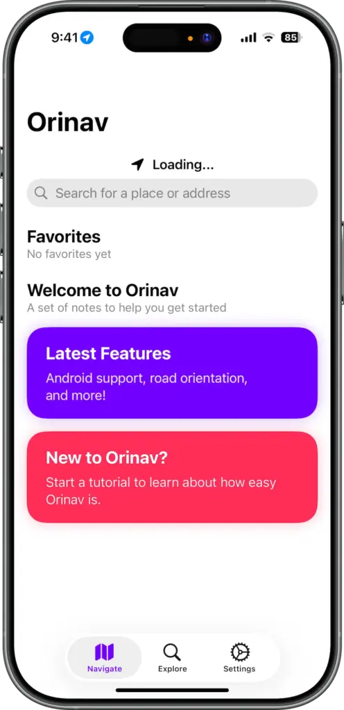 On a phone Orinav's home page. The top shows "Current Location: Loading." Two colored cards are below, showing "Latest Features" and "New to Orinav?".