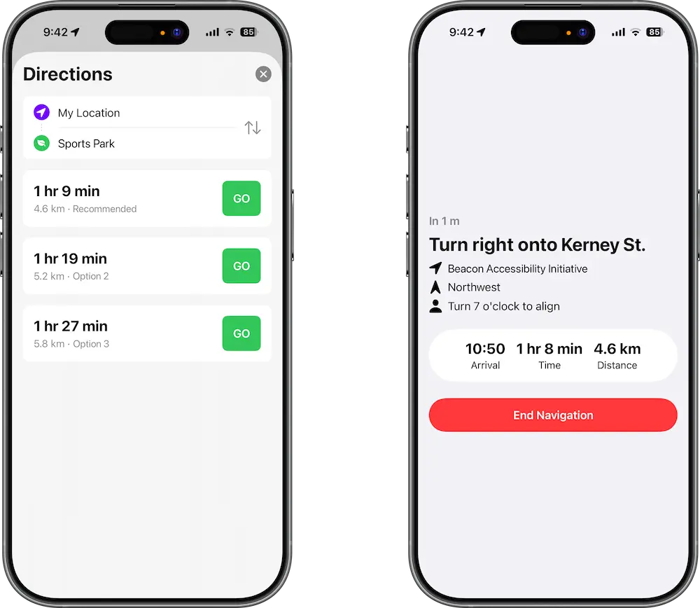 Two mobile phones aligned horizontally. On the left phone Orinav's "Directions" page where three routes can be chosen. On the right phone Orinav's "Navigate" page which shows an instruction of "Turn right onto Kerney St.".
